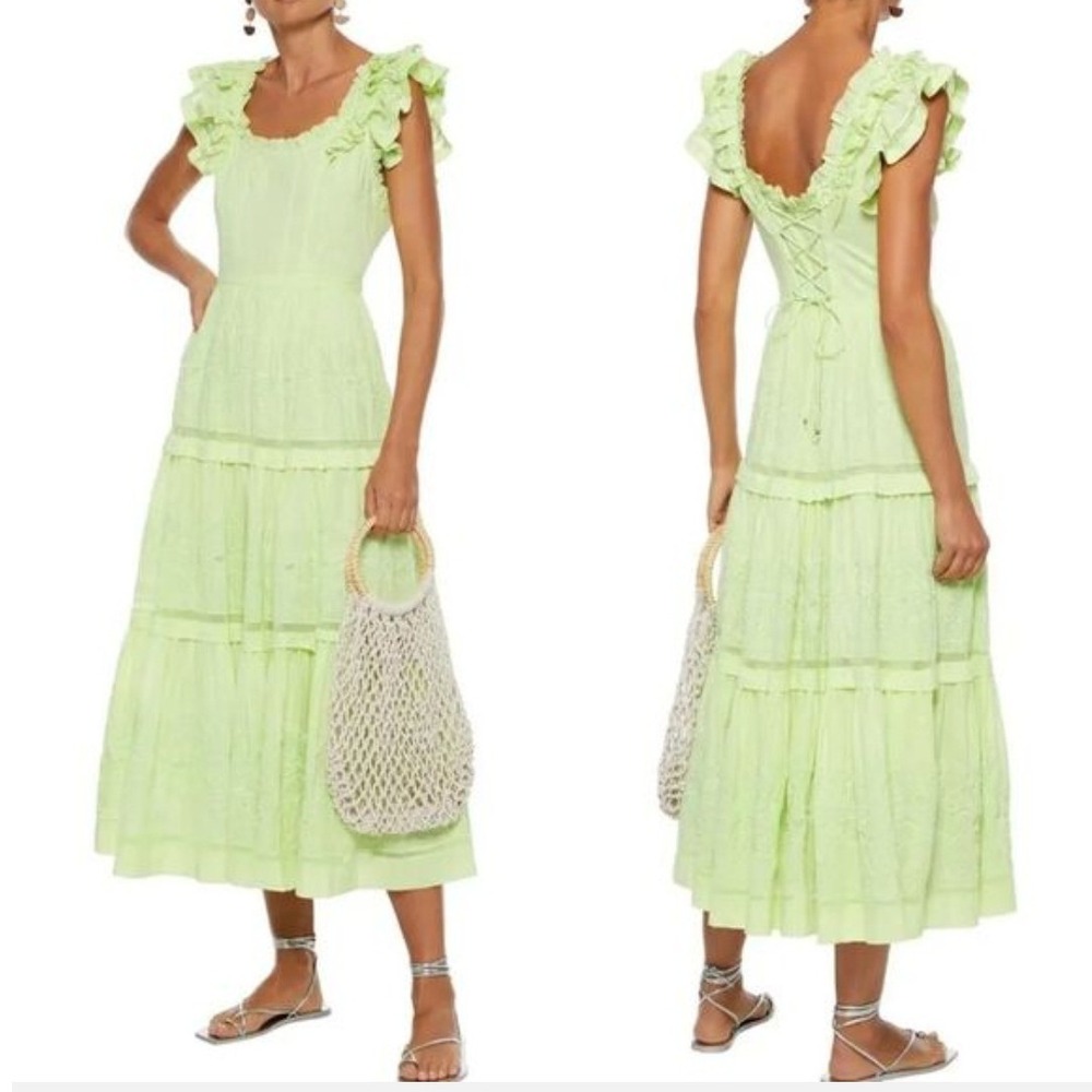 Ulla Johnson Julietta Pistachio Green Cotton Embroidered Tiered Maxi Dress